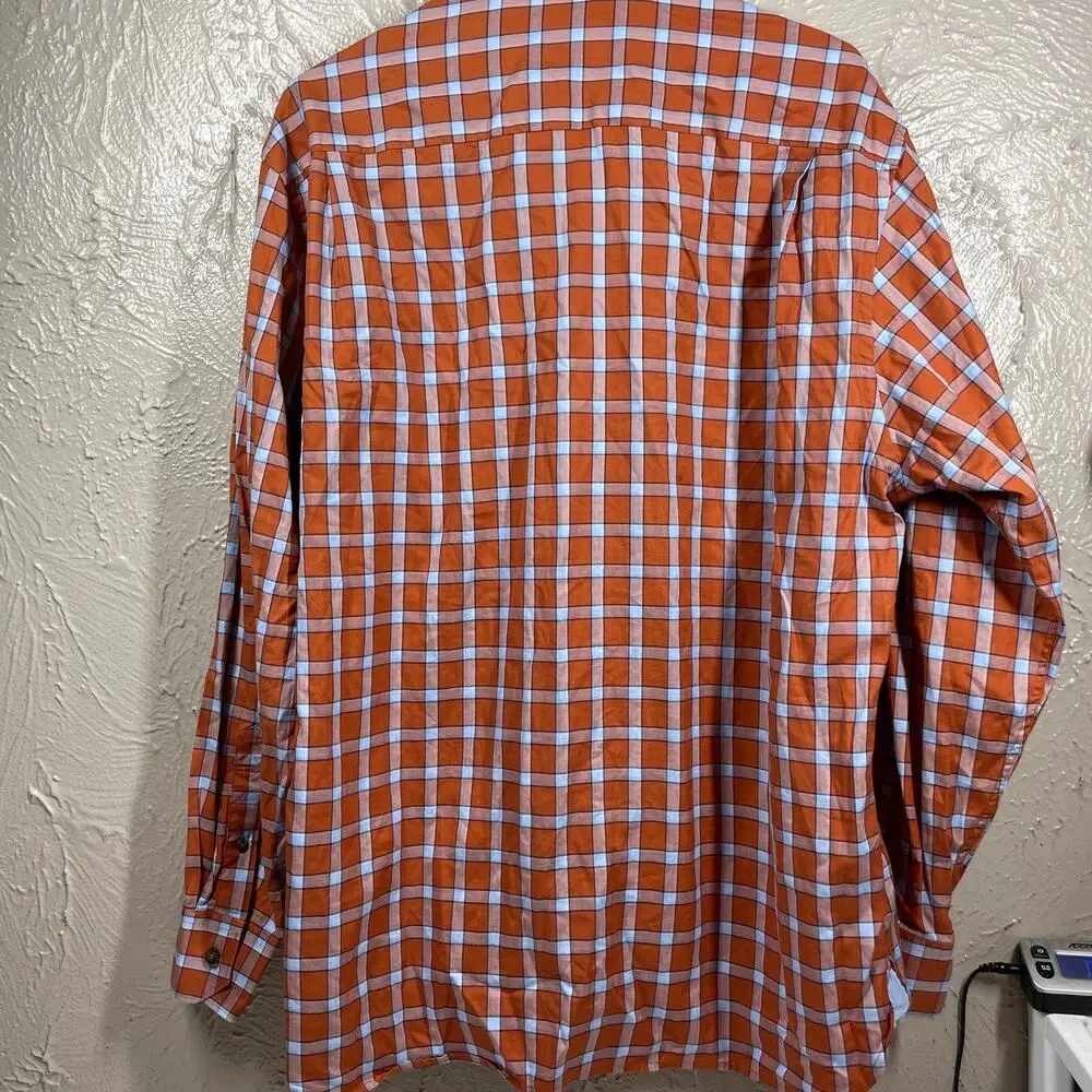 Johnston & Murphy Orange Long Sleeve Cotton Tailored Fit Check Shirt‎ Mens Large
